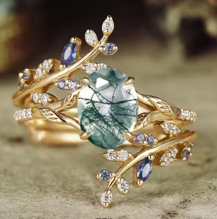 Romantic Forest Moss Agate Ring with Opal Emerald Jacket Band