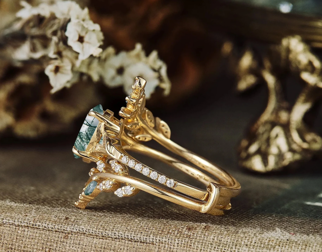 Romantic Forest Moss Agate Ring with Opal Emerald Jacket Band