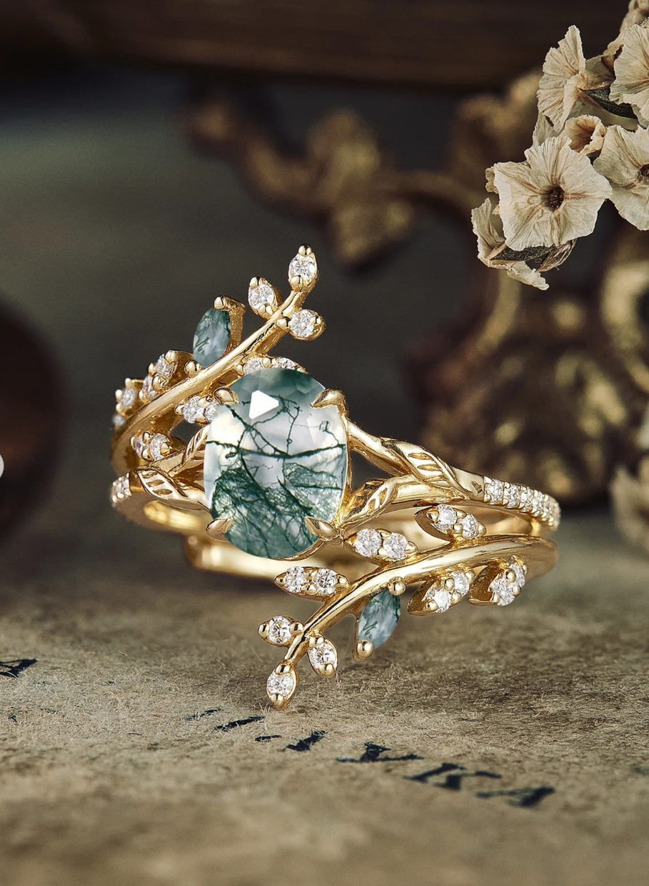 Romantic Forest Moss Agate Ring with Opal Emerald Jacket Band