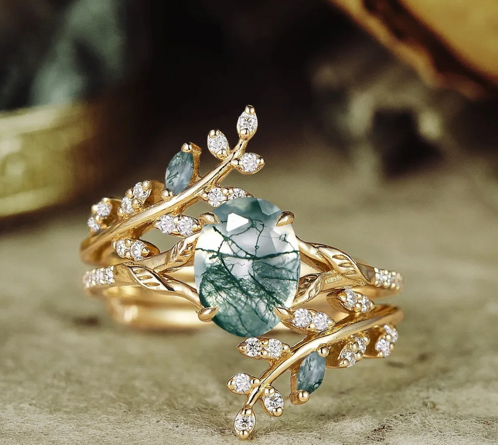 Romantic Forest Moss Agate Ring with Opal Emerald Jacket Band