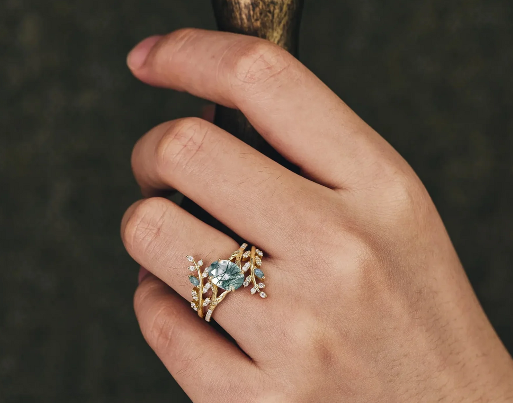 Romantic Forest Moss Agate Ring with Opal Emerald Jacket Band
