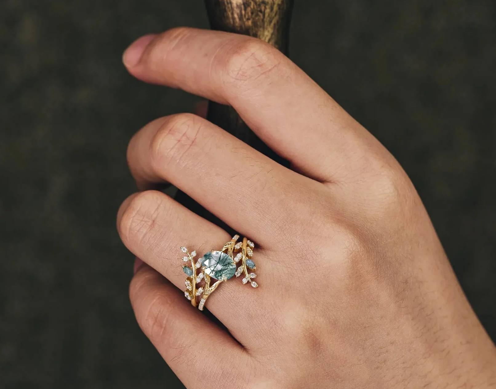 Romantic Forest Moss Agate Ring with Opal Emerald Jacket Band