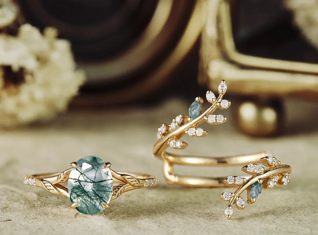 Romantic Forest Moss Agate Ring with Opal Emerald Jacket Band